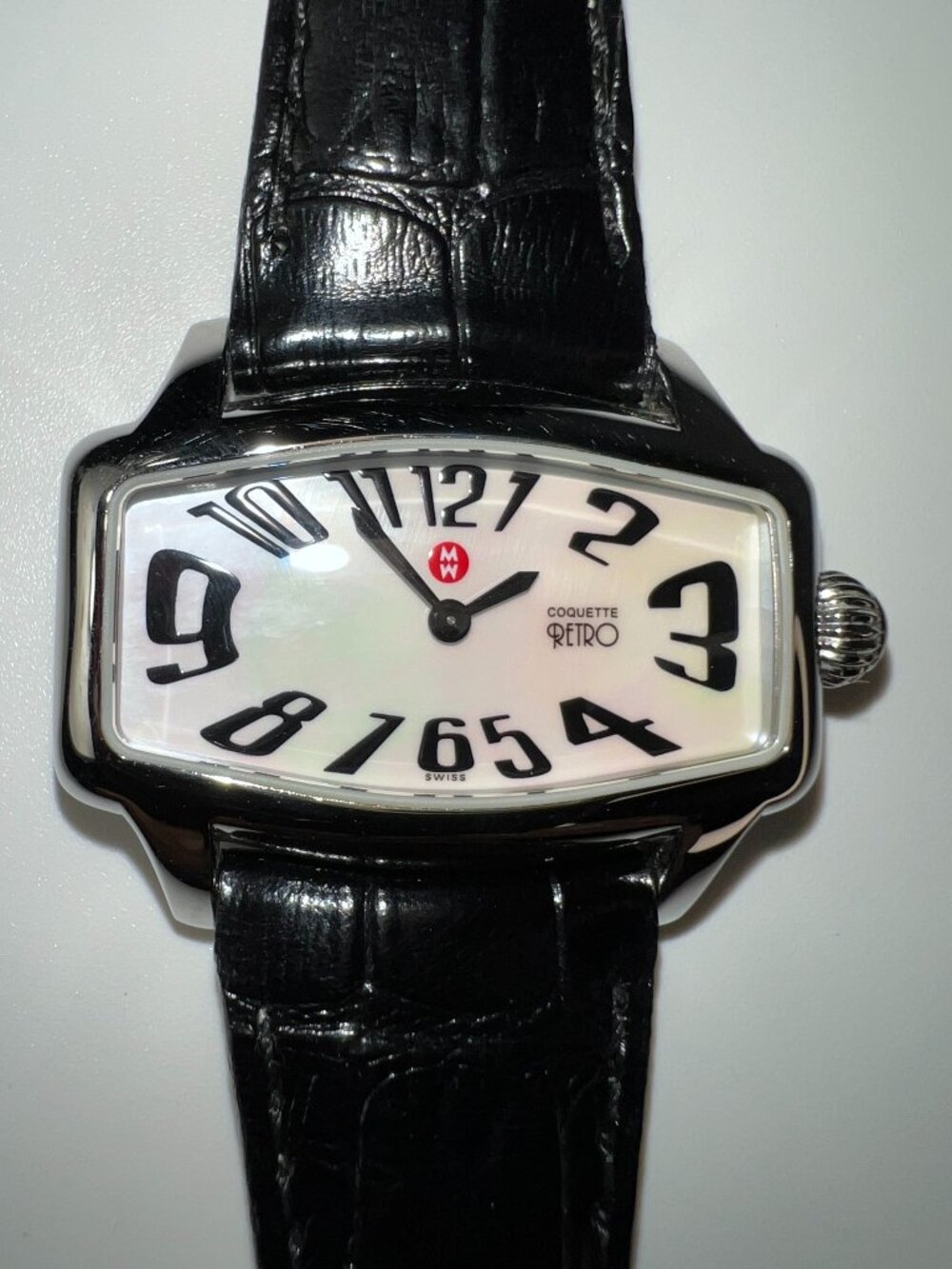 RARE MICHELE Coquette Retro Watch MOP Dial - Black Leather Belt - SWISS
